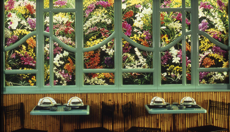 A design detail includes a wall of orchids behind glass.