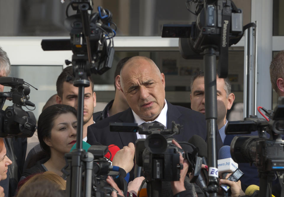 Bulgarian ex-Premier Boiko Borisov, leader of the center-right GERB party, speaks to media after voting, in Sofia, Bulgaria, Sunday, March 26, 2017. Bulgarians are heading to the polls for the third time in four years in a snap vote that could tilt the European Union's poorest member country closer to Russia as surveys put the center-right GERB party neck-and-neck with the Socialist Party. (AP Photo/Vadim Ghirda)