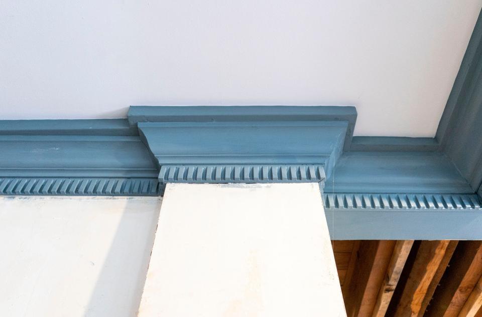 The crown molding at the former Fidelity Savings & Loan building Bernard Mazzocchi is renovating into a boutique hotel on Radcliffe St. in Bristol on Monday, Mar.4, 2024.