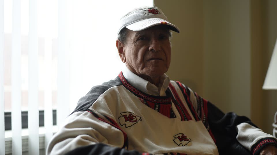 Agustin Lopez, 82, watched the Super Bowl parade and rally at a Kansas City mall where gunfire erupted last month. - Emmalee Reed/CNN