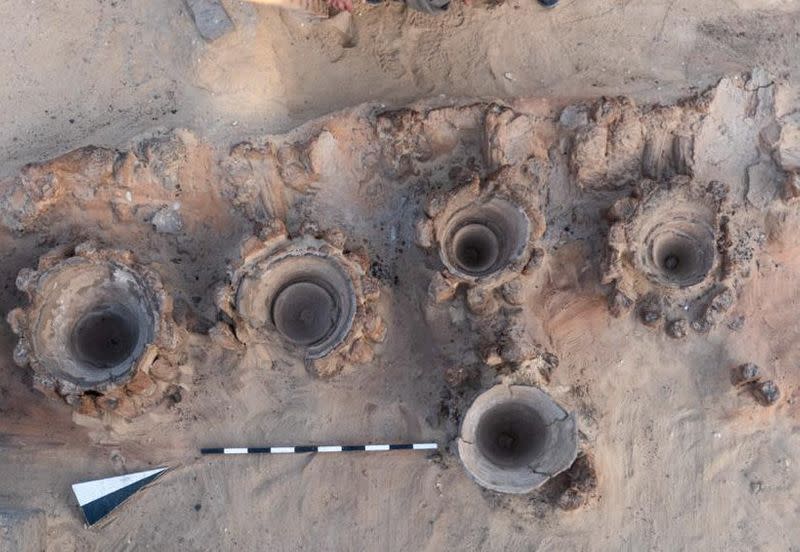 Undated image shows archaeologists discover a 5000-year-old mass production brewery in the ancient city of Abydos at Sohag Governorate