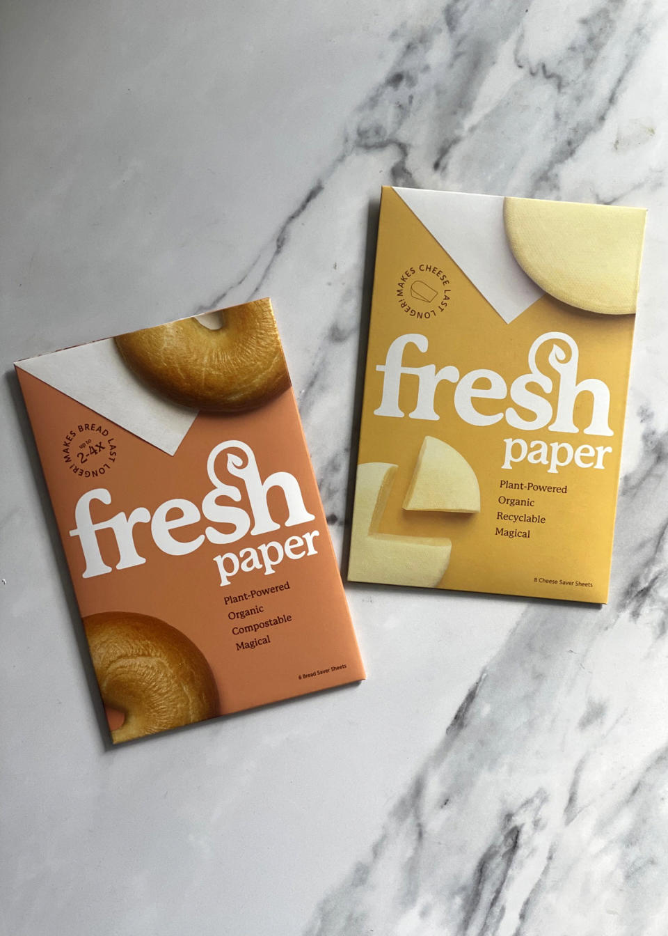 This April 2023 image shows botanically infused papers from The Fresh Glow Co,. which are designed to keep foods fresher longer, and are organic and compostable. (Katie Workman via AP)