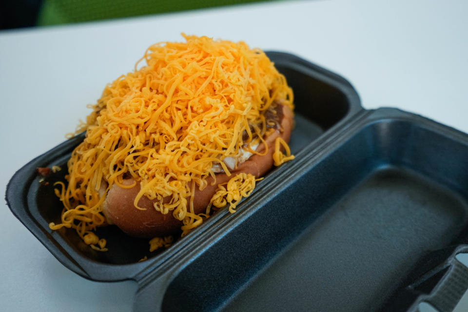 The Breakfast Coney features egg, chili, a breakfast sausage and, of course, a mound of hand-shredded cheese. Onions and mustard are optional.
