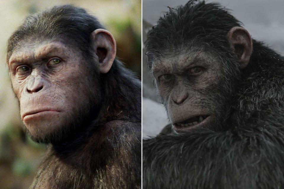 <p>20th Century Fox/Kobal/Shutterstock (2) </p> Andy Serkis as Caesar in "Rise of the Planet of the Apes" and in "War for the Planet of the Apes"