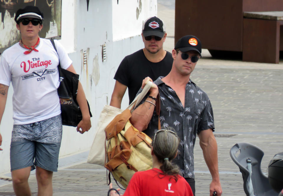 <p>Chris Hemsworth and Matt Damon have been spotted holidaying with their families together in San Sebastian, Spain. Source: Getty </p>