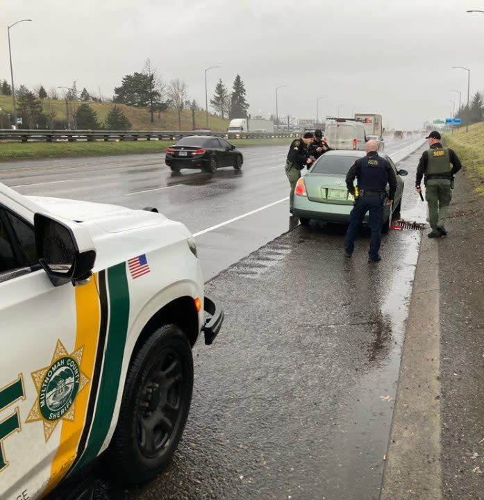 MCSO deputies and PPB officers stopping a stolen vehicle on the freeway during an SVO conducted on Jan. 26, 2024 (Courtesy: PPB)