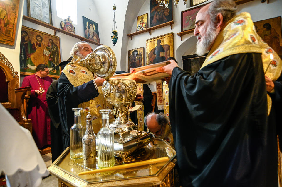 Oils from the Mount of Olives being mixed with essential oils and blessed in Jerusalem to become Holy Oil, which will be used in the Coronation of King Charles III, on March 3, 2023. (Patriarchate of Jerusalem / Buckingham Palace / PA)