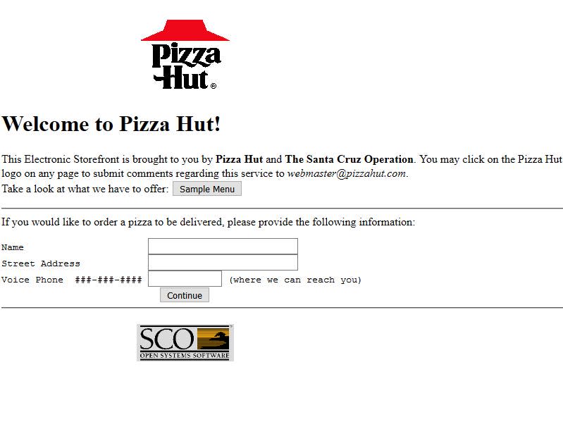 the Pizza Hut logo and online order form from 1996