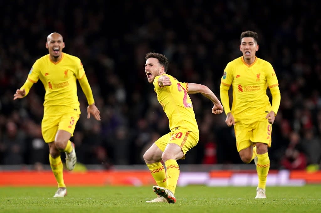 Diogo Jota (centre) scored both Liverpool goals (Adam Davy/PA) (PA Wire)