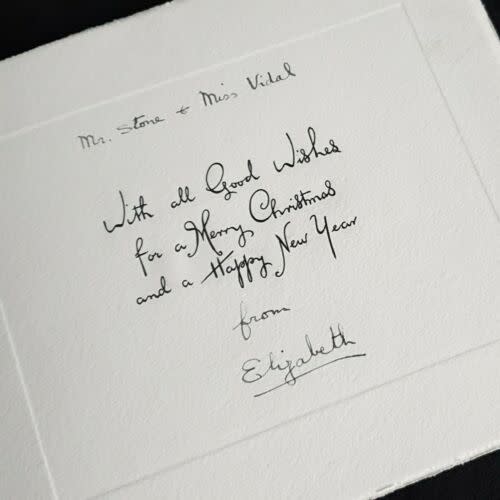 A picture of a letter note being sold on eBay with The Queens signature.