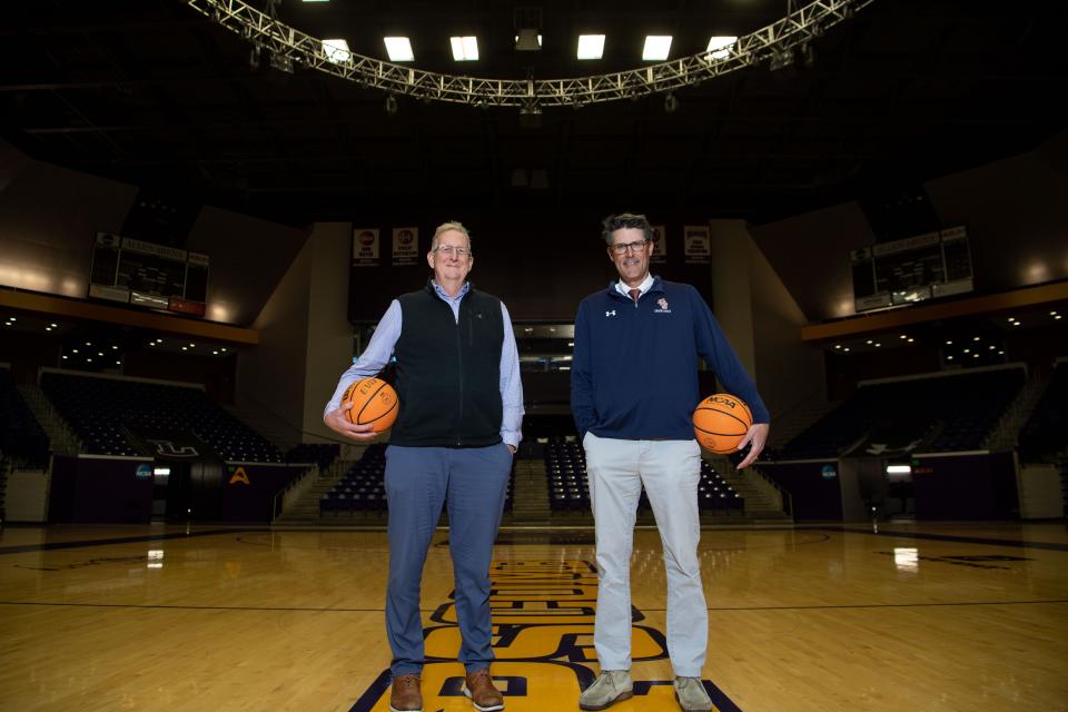 Philip Hutcheson and John Pierce played together for the Bison basketball team in 1990, posed together at Lipscomb Academy's basketball court in Nashville, Tenn., Tuesday, March 19, 2024.