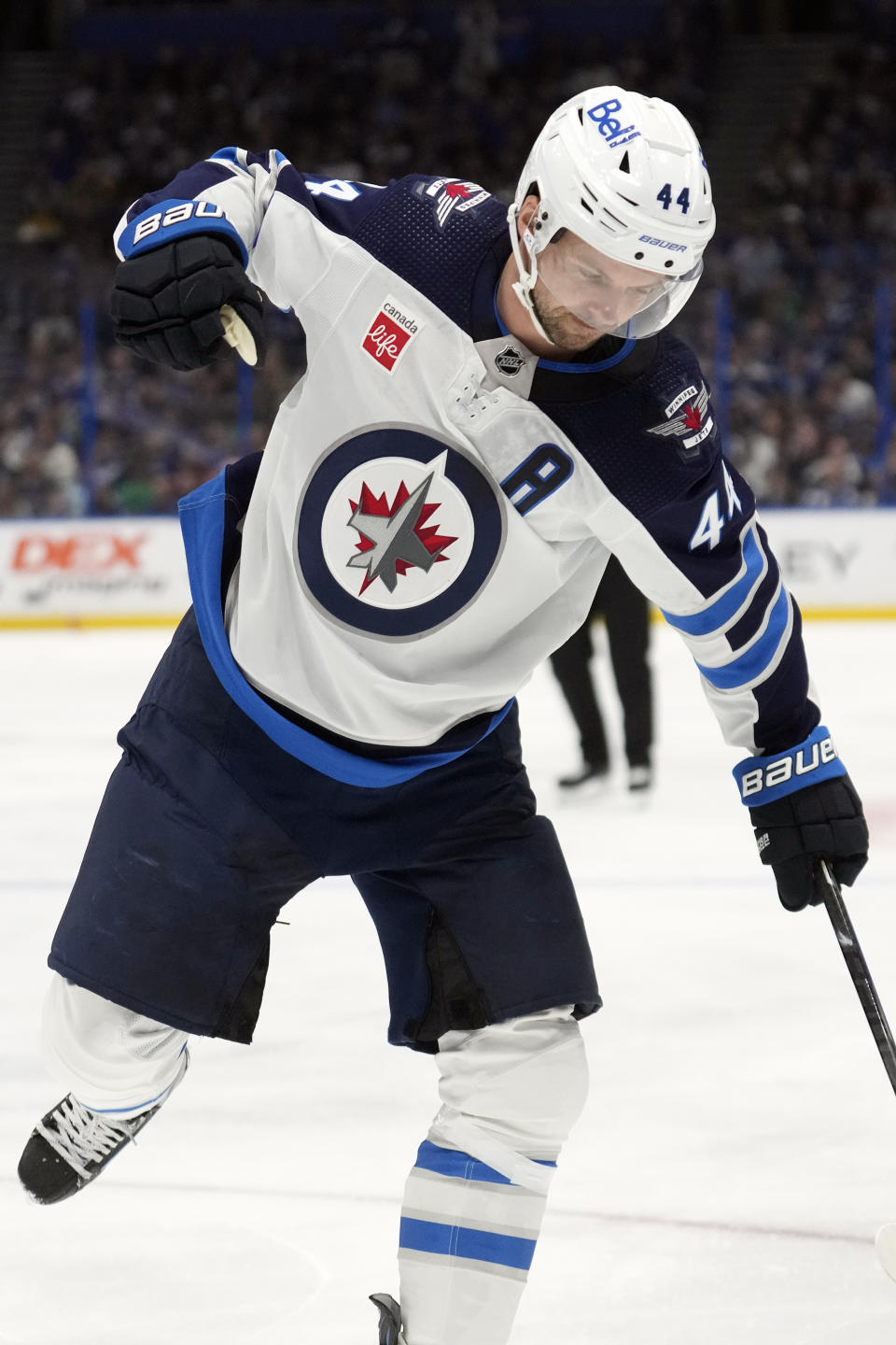 Winnipeg Jets defenseman Josh Morrissey (44) celebrates his goal against the Tampa Bay Lightning during the first period of an NHL hockey game Wednesday, Nov. 22, 2023, in Tampa, Fla. (AP Photo/Chris O'Meara)