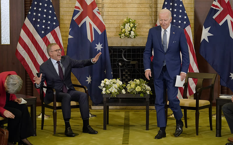 President Biden, right, jokes with Australian Prime Minister Anthony Albanese, left