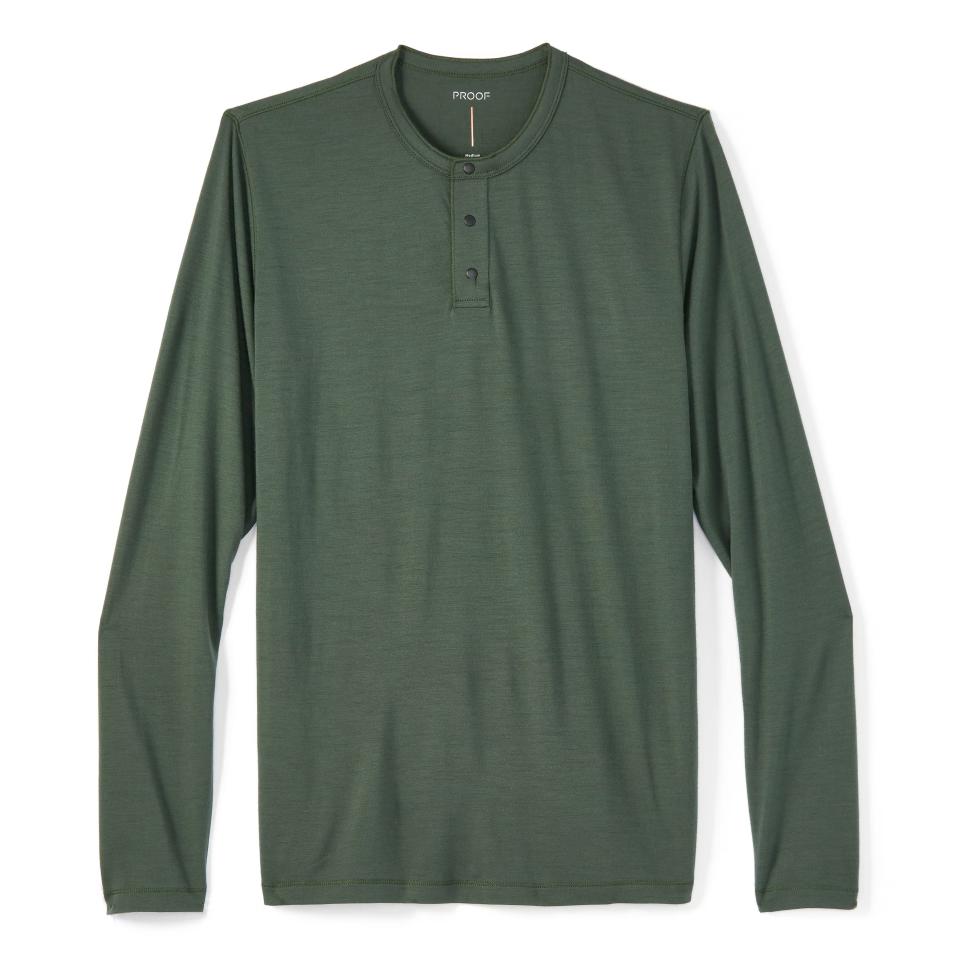 Proof 72-Hour Merino Henley in green; best henley shirts