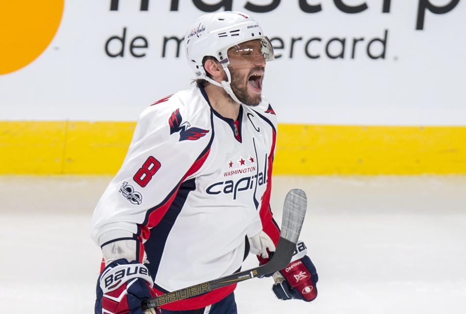 Washington Capitals left wing Alex Ovechkin celebrates his power-play goal against the Montreal Canadiens during the third period of an NHL hockey game Monday, Jan. 9, 2017, in Montreal. (Paul Chiasson/The Canadian Press via AP)