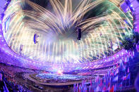 LONDON, ENGLAND - JULY 27: General View as fireworks illuminate the sky during the Opening Ceremony of the London 2012 Olympic Games at the Olympic Stadium on July 27, 2012 in London, England. (Photo by Ryan Pierse/Getty Images)