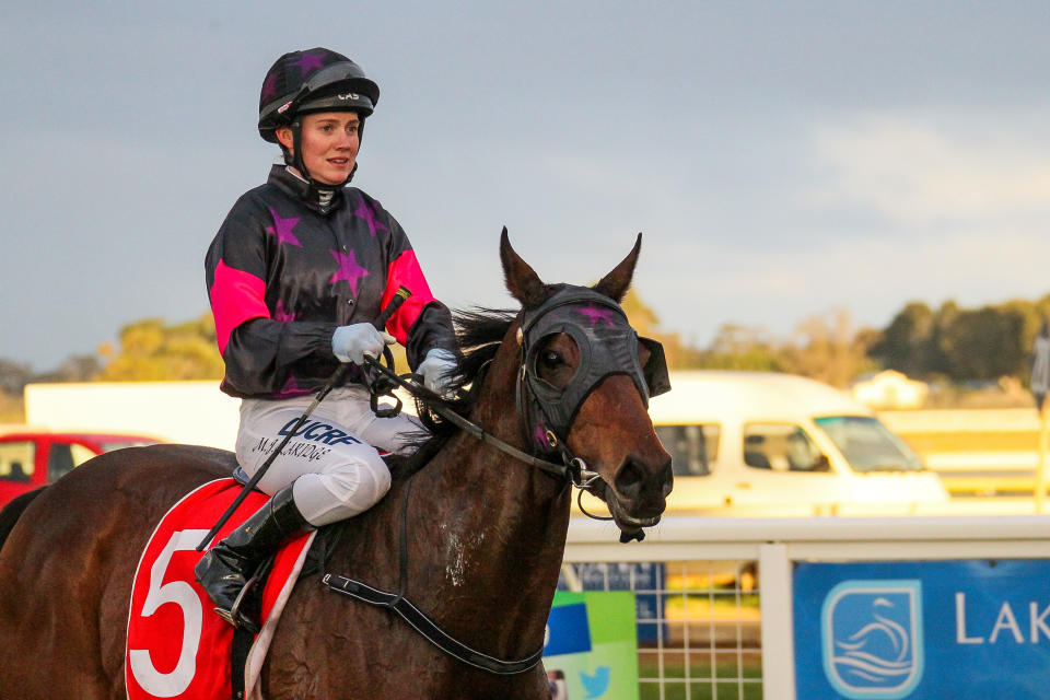 Mikaela Claridge after winning the Gippsland Funeral Services BM64 Handicap on board Sir Mask at Sale Racecourse in Victoria in July. 