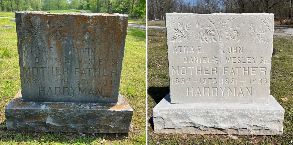 Before and after photos of John Wesley Harryman Sr.'s gravestone at the Saginaw Community Cemetery in Saginaw, Missouri. Harryman was a lawman killed by the Bonnie and Clyde gang on April 13, 1933. Polk County resident Ron Hutcheson cleaned the gravestone in time for the 90th anniversary of Harryman's death.