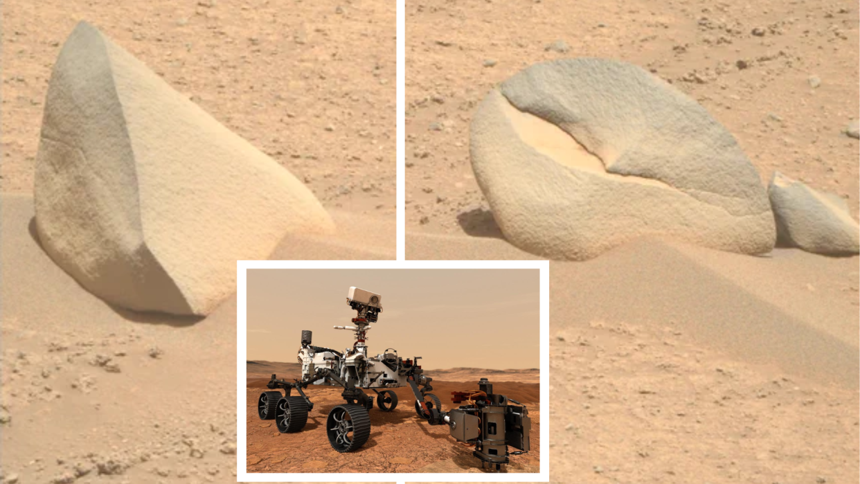  (left) a shark fin shaped rock on Mars (right) an accompanying crab claw shaped boulder (inser) NASA's Perserverance  Rover 
