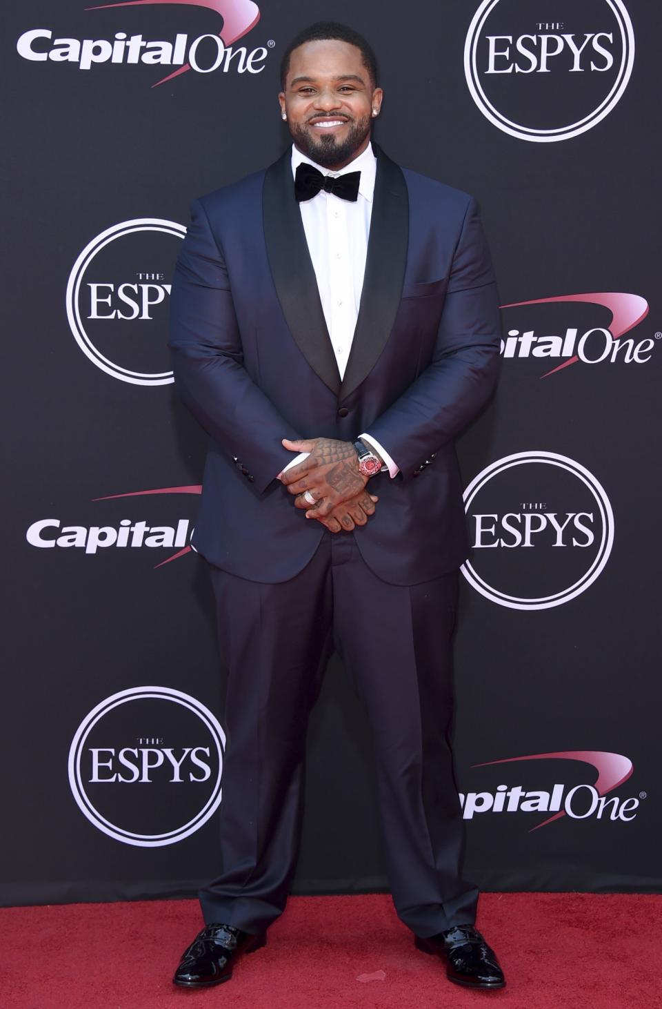 Prince Fielder wearing a sleek midnight blue tuxedo