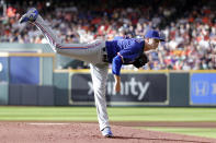 Texas Rangers starting pitcher Kyle Gibson watches a throw to a Houston Astros batter during the first inning of a baseball game Saturday, July 24, 2021, in Houston. (AP Photo/Michael Wyke)