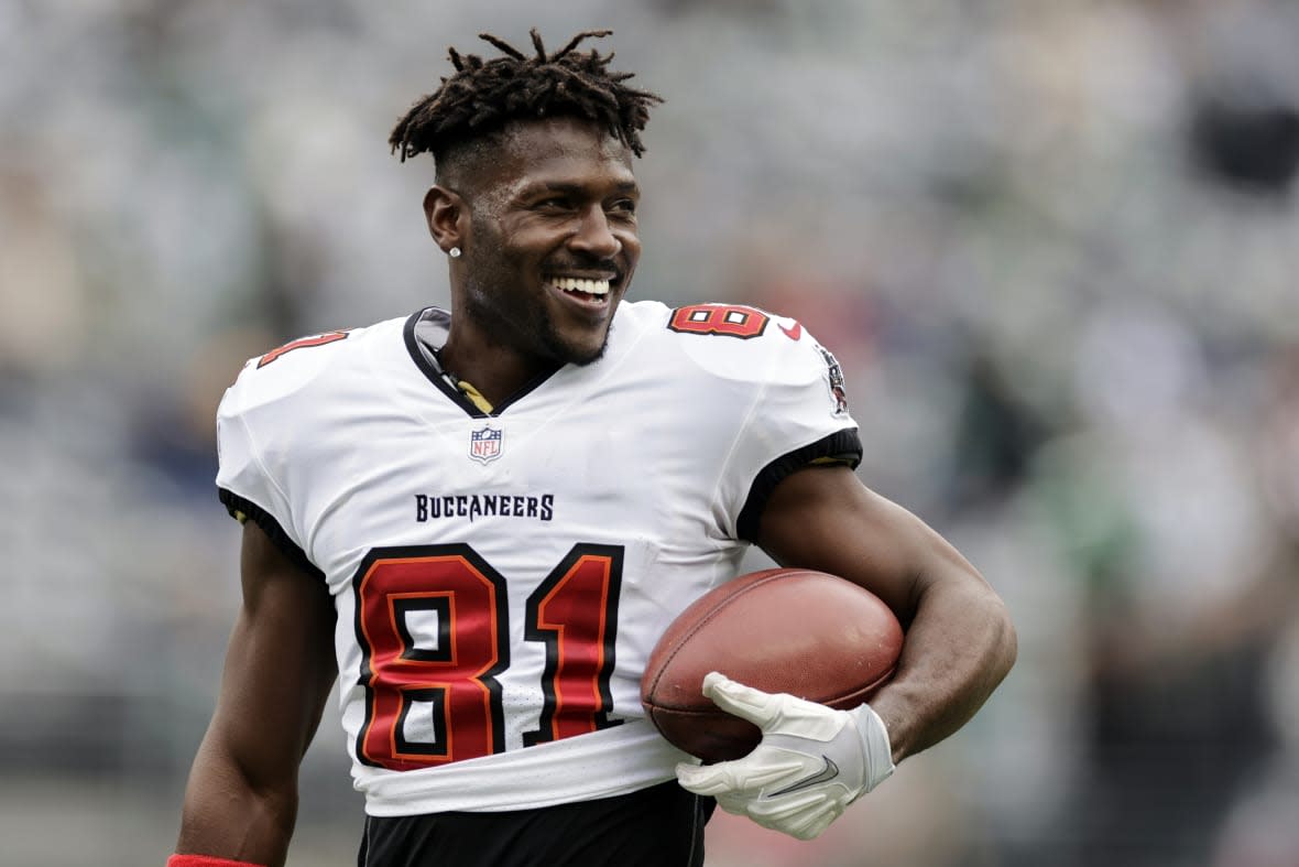 Tampa Bay Buccaneers wide receiver Antonio Brown (81) walks on the field during an NFL football game against the New York Jets, Sunday, Jan. 2, 2022, in East Rutherford, N.J. (AP Photo/Adam Hunger, File)