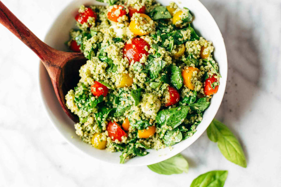 <p>Pinch of Yum</p><p>File this as your new summer WFH lunch salad. </p><p><strong>Recipe here: </strong><strong><a href="http://pinchofyum.com/green-goddess-quinoa-summer-salad" rel="nofollow noopener" target="_blank" data-ylk="slk:Green Goddess Quinoa Summer Salad;elm:context_link;itc:0;sec:content-canvas" class="link ">Green Goddess Quinoa Summer Salad</a></strong></p>