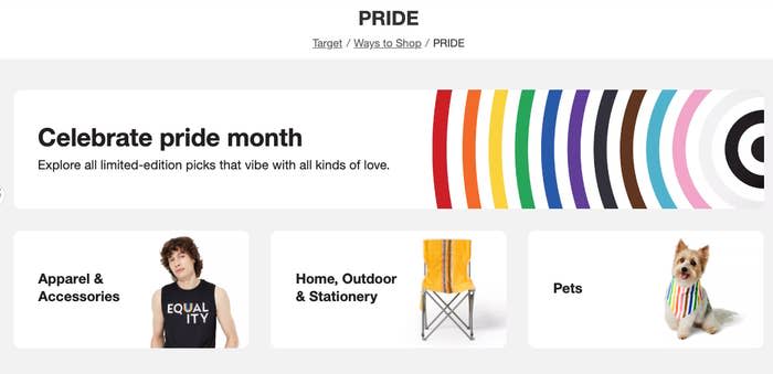 Target's Pride celebration page features pride month products, including apparel, home items, and pet accessories