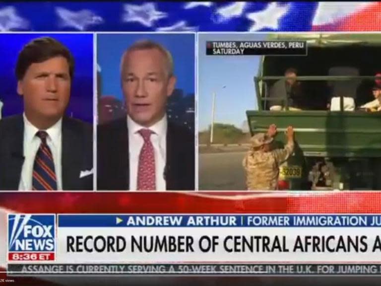 Fox News host Tucker Carlson has described the arrival of about 500 African migrants at the US border in the space of a week a “flood” that could become a “torrent”.The number is unusually high for African nationals trying to enter the US on the southern border, roughly double the number detained by Border Patrol during the whole 2018 financial year. However, it is a fraction of the 33,000 people apprehended since the start of the year at the US border, according to the US fact-checking site Snopes.Mr Carlson said: "It’s going to overwhelm our country completely.” “We are continuing to see a rise in apprehensions of immigrants from countries not normally encountered in our area,” said Raul Ortiz, head of the US Border Patrol’s Del Rio sector. Reports suggest they are mostly from the Republic of the Congo, the Democratic Republic of the Congo and Angola and flew to South America before embarking on their journey northward.About 300 hundred of the African migrants were recently released in San Antonio, Texas, which has a population of 1.5 million. Another 200 travelled to Portland, Maine, which has about 66,000 residents.“The population growth in that part of the world, particularly in the continent of Africa suggests that this flood could become a torrent,” Mr Carlson said, as his network aired pictures of migrants in Peru, about 3,000 miles away from the US border. His guest, Andrew Arthur of the Center for Immigration Studies (CIS), seemed to agree. Despite the normalising name, the Center for Immigration Studies is listed as a “hate group” by the Southern Poverty Law Center, and Mr Arthur has recently written articles mocking climate refugees and saying the US needs a border “czar”. The CIS has filed a lawsuit against the Southern Poverty Law Center over its claims. Mr Arthur claims one woman had told the New York Times she was penniless.But while the article does quote her saying this, it also describes the woman saying with tears in her eyes that she had been attacked and raped during the journey.News of the arrival of the migrants sparked rumours on social media that some were carrying the ebola virus, although officials in both San Antonio and Portland said these were unfounded.“We do not have any suspected or confirmed cases of ebola right now in Texas,” Lara Anton, spokeswoman for the Texas Department of State Health Services, told Snopes.Ethan Strimling, the mayor of Portland, denied that the migrants constituted a "crisis" and said a donation campaign in the town had raised $20,000 for them in the first 36 hours.He told the New York Times: "I don’t consider it a crisis, in the sense that it is going to be detrimental to our city. We’re not building walls. We’re not trying to stop people. In Maine, and Portland in particular, we’ve been built on the backs of immigrants for 200 years, and this is just the current wave that’s arriving."Late on Monday night, US President Donald Trump also promised to begin deporting “millions” of people living in the US illegally.