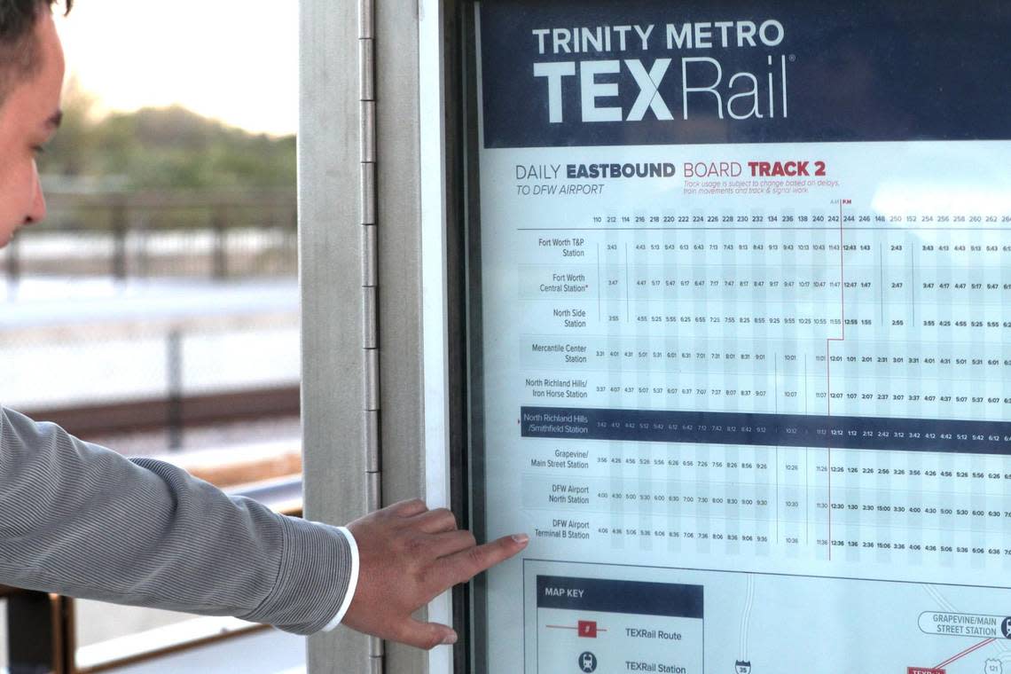 Christian Munoz points to the last stop on the TexRail on Tuesday, Nov. 1, 2022, in North Richland Hills. Munoz traveled to that stop for five months when he didn’t have a car, only to walk another mile to his job. Madeleine Cook/mcook@star-telegram.com