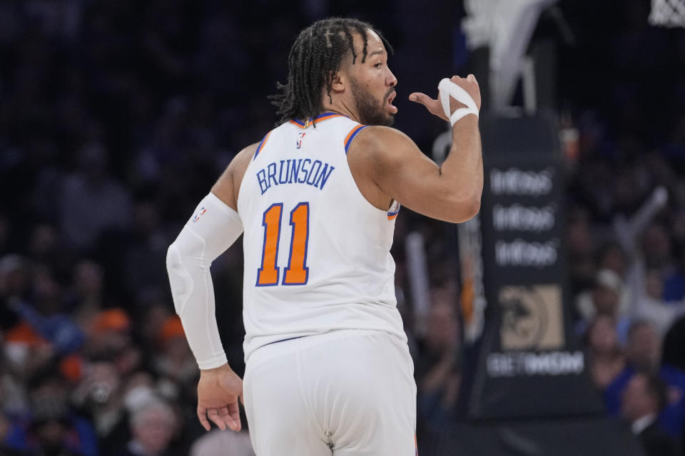 New York Knicks guard Jalen Brunson reacts after scoring in the first half of an NBA basketball game against the Washington Wizards, Thursday, Jan. 18, 2024, at Madison Square Garden in New York. (AP Photo/Mary Altaffer)