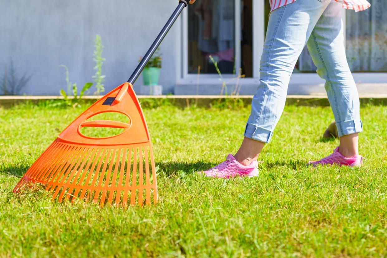 Woman using rake to clean up garden lawn