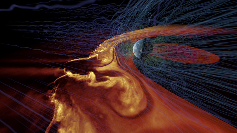  A computer-generated visualization of solar wind interacting with Earth’s magnetic field during a powerful solar storm. Similar disturbances in a distant star system may be emitting strange radio signals. 