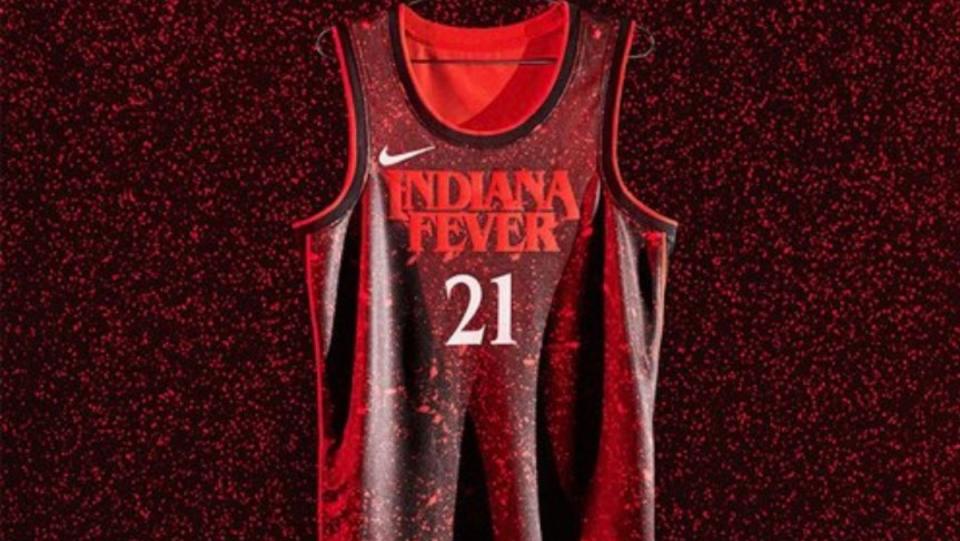 Indiana Fever Rebel Jersey with black and red color scheme similar to Stranger Things title card 