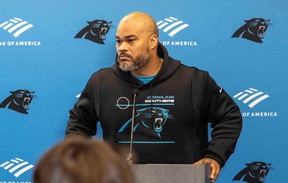 New Panthers assistant head coach Duce Staley speaks during a press conference in Charlotte, N.C., on Thursday, February 22, 2023.