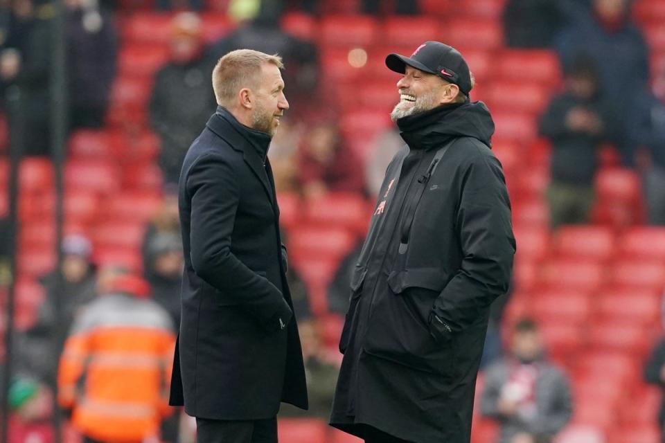 Liverpool boss Jurgen Klopp with Chelsea manager Graham Potter (Martin Rickett/PA) (PA Wire)