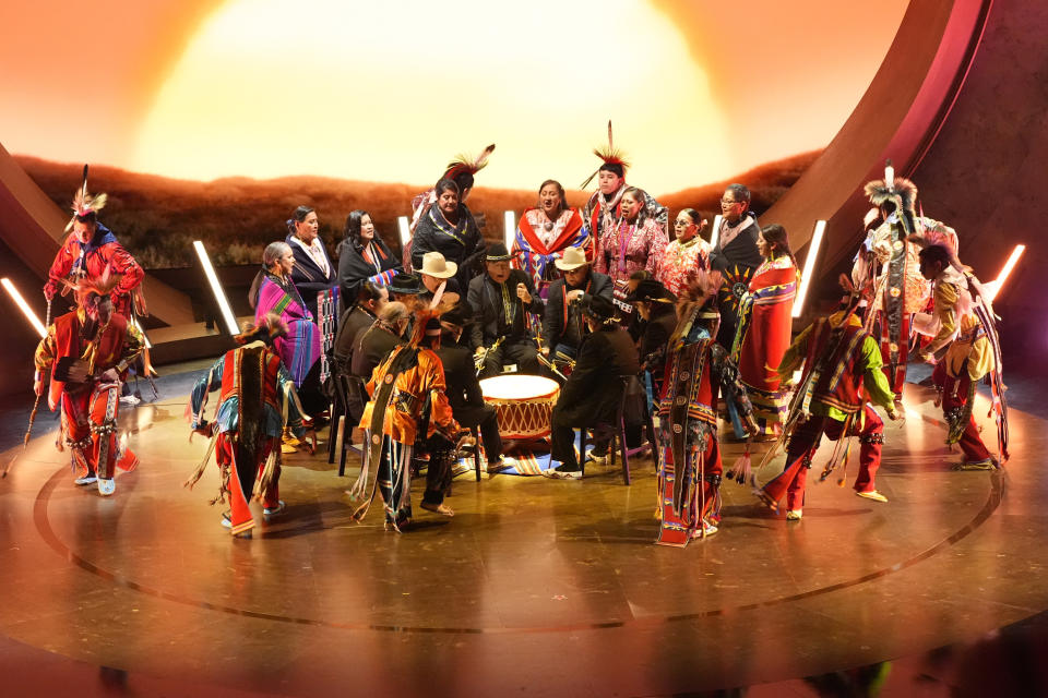 Osage singers and dancers perform during the Oscars on Sunday, March 10, 2024, at the Dolby Theatre in Los Angeles. (AP Photo/Chris Pizzello)