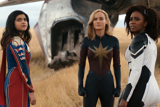<p>Courtesy of Marvel Studios</p> Iman Vellani, Brie Larson and Teyonah Parris in <em>The Marvels</em> (2023)