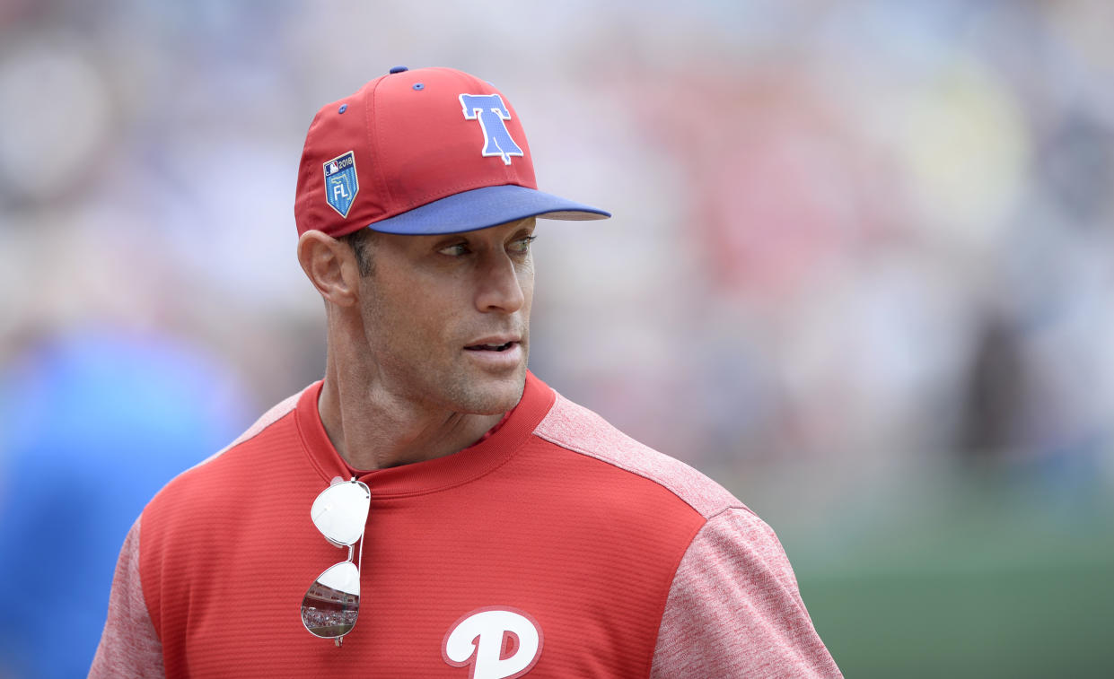 Philadelphia Phillies manager Gabe Kapler (22) before a spring training baseball game against the Tampa Bay Rays Saturday, March 10, 2018, in Clearwater, Fla. (AP Photo/Jason Behnken)