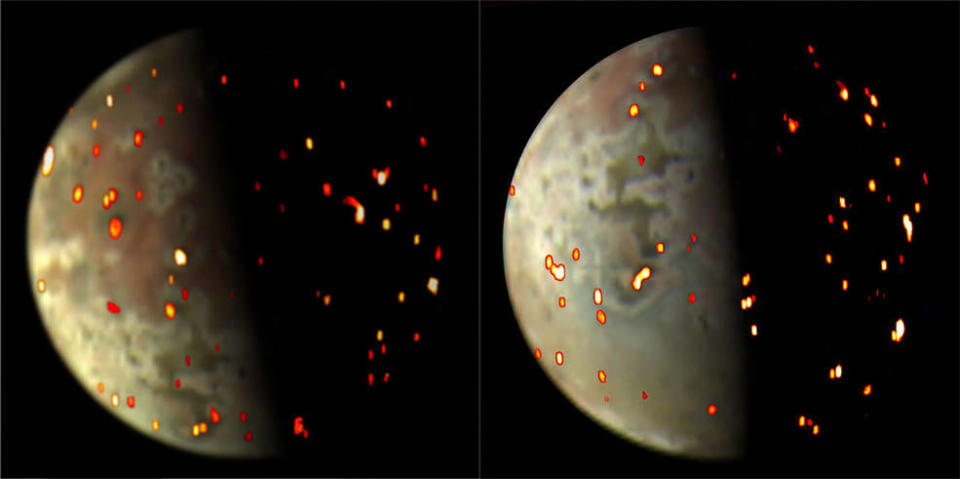 a gray and white moon with bright red spots on its surface indicating the locations of 'hotspots' believed to be volcanoes