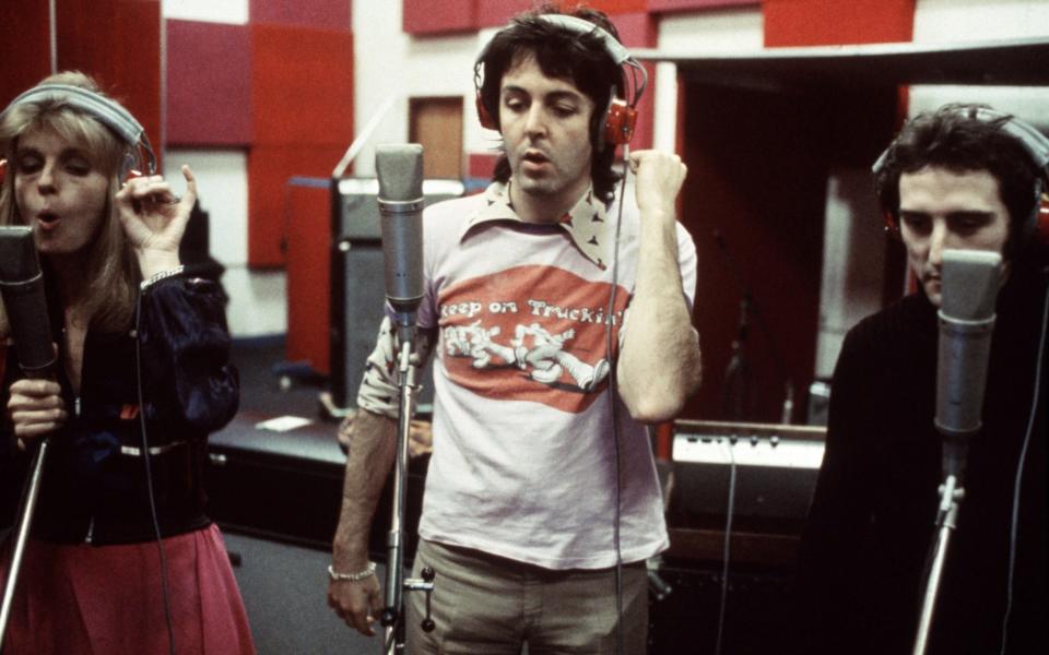 Laine, right, in the studio with Paul and Linda McCartney of Wings in 1973