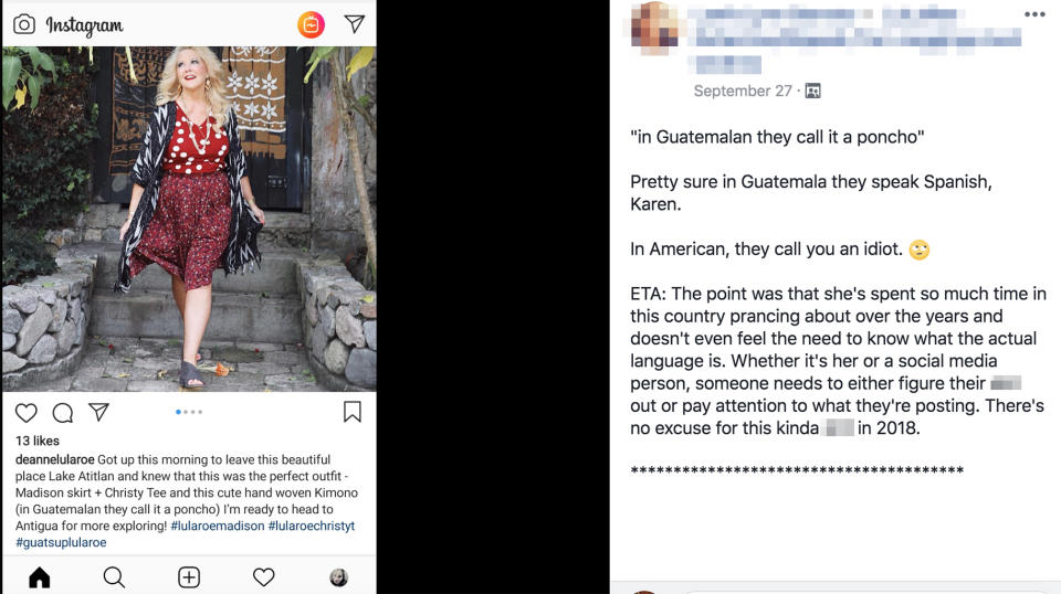 LuLaRoe president Deanne Stidham’s Instagram post was called insensitive. (Photo: LuLaRoe Defective/Ripped/Torn Leggings And Clothes)