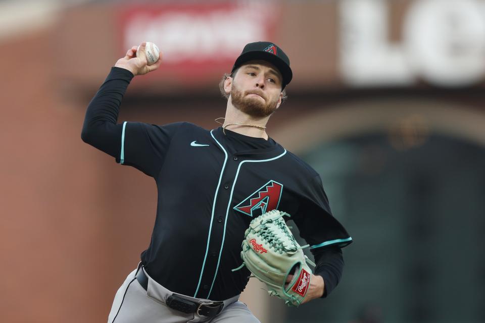 Ryne Nelson (19) of the Arizona Diamondbacks pitches in the bottom of the first inning against the San Francisco Giants at Oracle Park on April 18, 2024 in San Francisco, California.