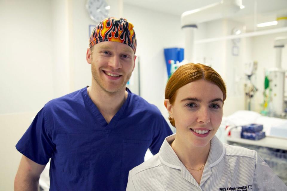 Jonnie Peacock and Stacey Dooley, who feature in the BBC TV programme, 'Celebrities On The Front Line' filmed at London's King's College Hospital (BBC)