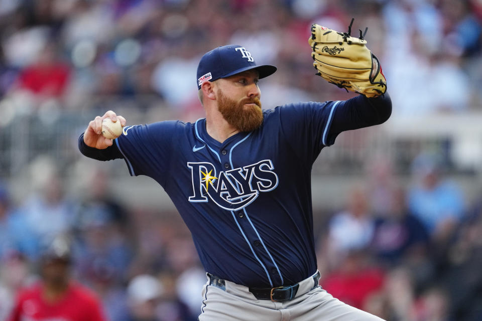 Tampa Bay Rays starting pitcher Zack Littell delivers to an Atlanta Braves batter in the first inning of a baseball game Friday, June 14, 2024, in Atlanta. (AP Photo/John Bazemore)