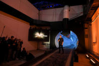 Tesla Inc. founder Elon Musk speaks at the unveiling event by "The Boring Company" for the test tunnel of a proposed underground transportation network across Los Angeles County, in Hawthorne, California, U.S. December 18, 2018. Robyn Beck/Pool via REUTERS