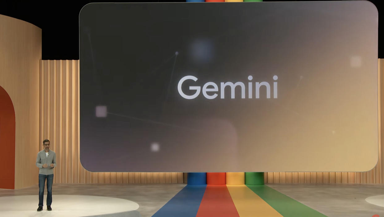  Sundar Pichai presenting Gemini onstage at Google I/O 2023 