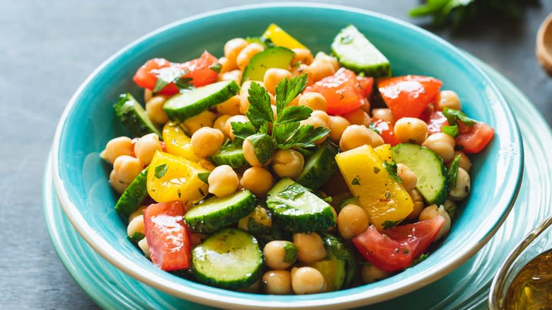 Chickpea salad in blue bowl