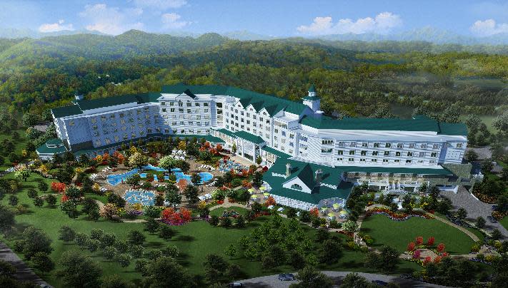 This artist rendering released by Dollywood shows a version of a proposed hotel with an outdoor pool planned for in the Smoky Mountains in Pigeon Forge, Tenn. The park plans to open DreamMore Resort in 2015. It's part of a planned $300 million expansion to take place over the next decade. (AP Photo/Dollywood)