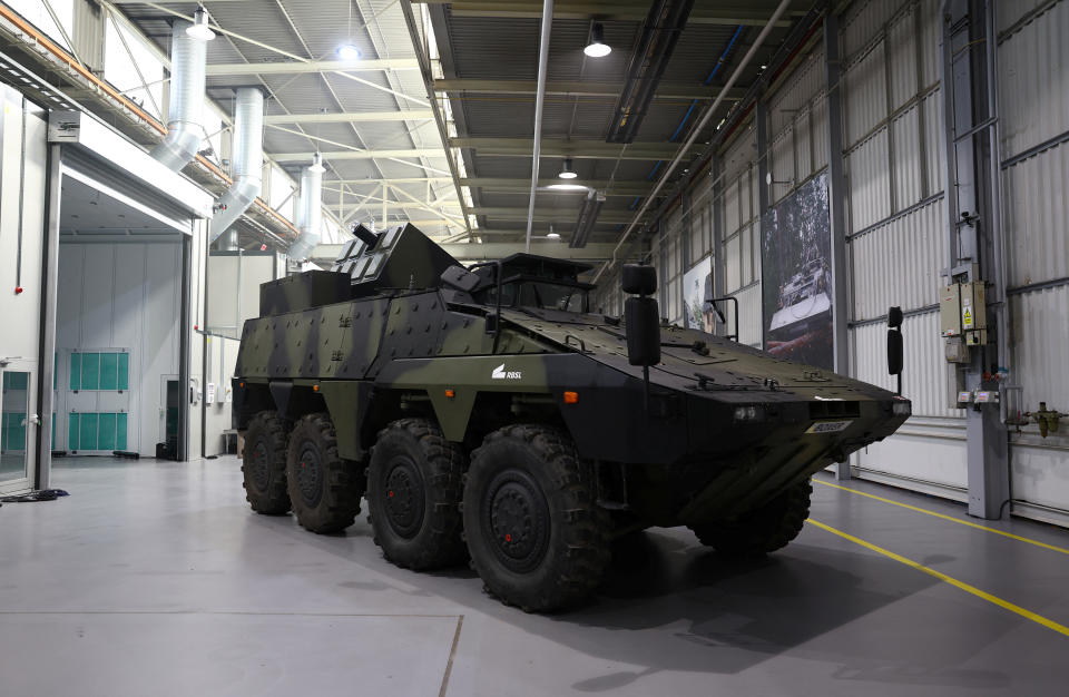 The Brimstone on Boxer Prototype at Rheinmetall Bae Systems Land (RBSL) where production of the new mechanised infantry vehicle begins in Telford, Britain, March 27, 2023. REUTERS/Molly Darlington